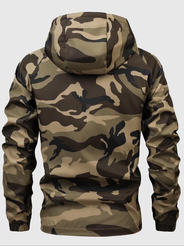 Men's Camo Print Drawstring Zip Up Hooded Jacket, Long Sleeve Waterproof Windproof Outerwear for Outdoor Daily Wear, Men's Clothing, Fall Clothes, Fashion Windbreaker, Jackets for Men, Men's Clothing for Fall, Winter Outfits 2024