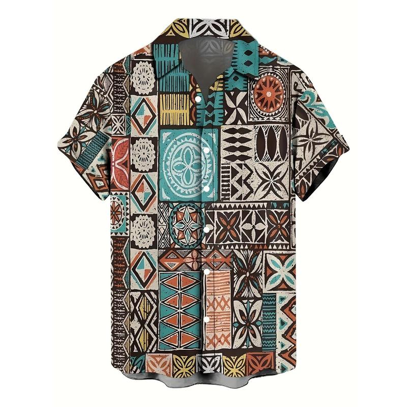 Ethnic Geometric Art Print Men's Short Sleeve Button Down Lapel Shirt For Summer Resort Holiday, Hawaiian Style