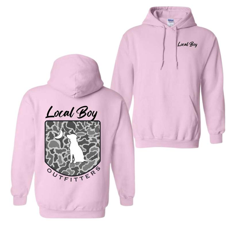 Local Boy Outfitters Hoodie Classic Camouflage Design Featuring a Dog and Moon Graphic, Ideal for Nature Lovers and Outdoor Style Fabric Menswear