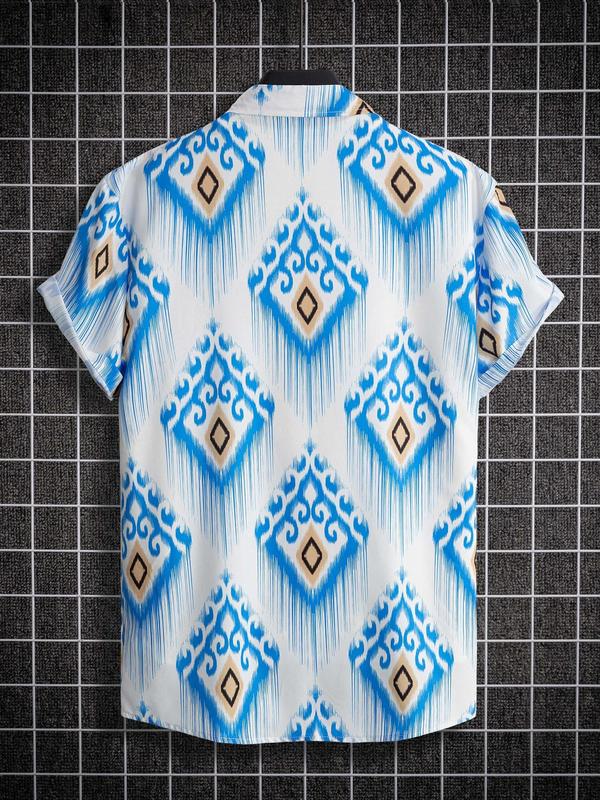 Men's Ethnic Pattern Button Front Shirt, Summer Clothes, Regular Fit Casual Short Sleeve Collar Top for Summer, Men's Top for Beach Vacation