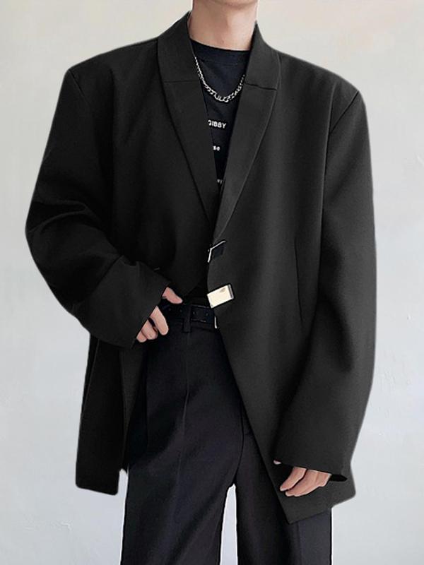 Men's Solid Button Lapel Blazer, Loose Casual Long Sleeve Outerwear for Fall & Winter, Men's Clothes for Daily Wear