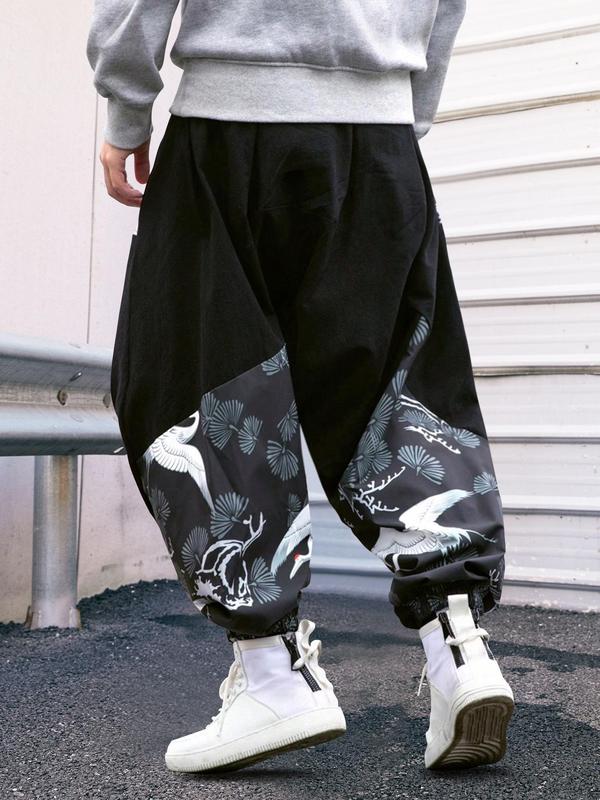 Men's Loose Patchwork Plants Print Drawstring Waist Pants, Casual Street Style Tree Print Pants for Daily Wear, Fashion Men's Trousers, Summer Outfits 2024, Menswear