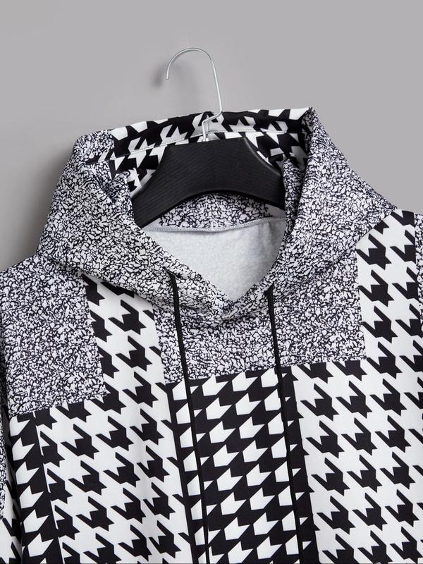  Two-Piece Set Men's Houndstooth Print Hoodie & Drawstring Waist Pants Set, Casual Long Sleeve Hooded Sweatshirt & Pocket Trousers, Men's Two-piece Outfits for Spring & Fall