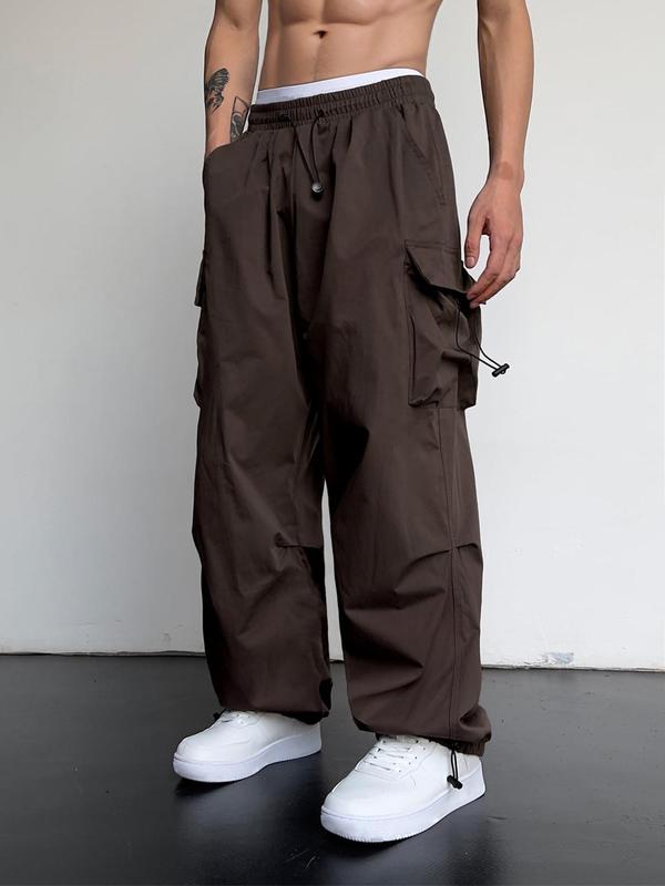 Men's Loose Plain Pocket Drawstring Waist Cargo Pants for Fall, Pants for Men, Mens Stylish Clothing, Street Trendy Baggy Wide Leg Trousers for Men, Streetwear, Men's Back to School Bottoms, Casual Menswear, Men's Drippy Outfits, Going Out Outfits