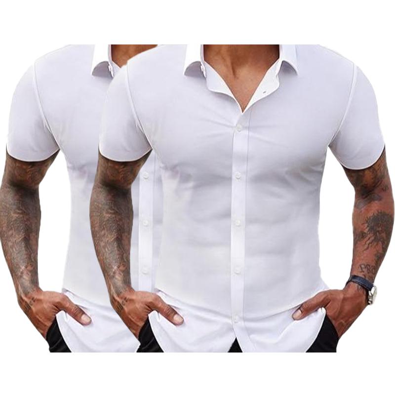 2-Pack Alimens&Gentle Stretch Dress Shirts for Men Short Sleeve Slim Fit Casual Button Down Shirts Muscle Fit Men's Dress Shirts formal shirt plain shirt
