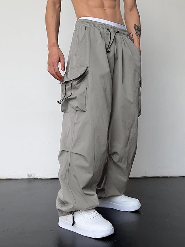 Men's Loose Plain Pocket Drawstring Waist Cargo Pants for Fall, Pants for Men, Mens Stylish Clothing, Street Trendy Baggy Wide Leg Trousers for Men, Streetwear, Men's Back to School Bottoms, Casual Menswear, Men's Drippy Outfits, Going Out Outfits