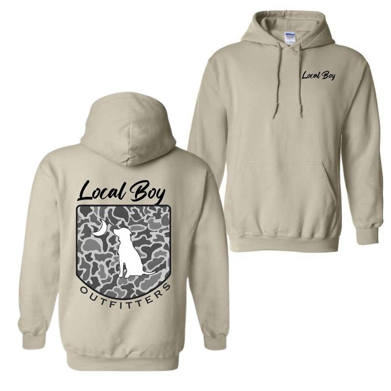 Local Boy Outfitters Hoodie Classic Camouflage Design Featuring a Dog and Moon Graphic, Ideal for Nature Lovers and Outdoor Style Fabric Menswear