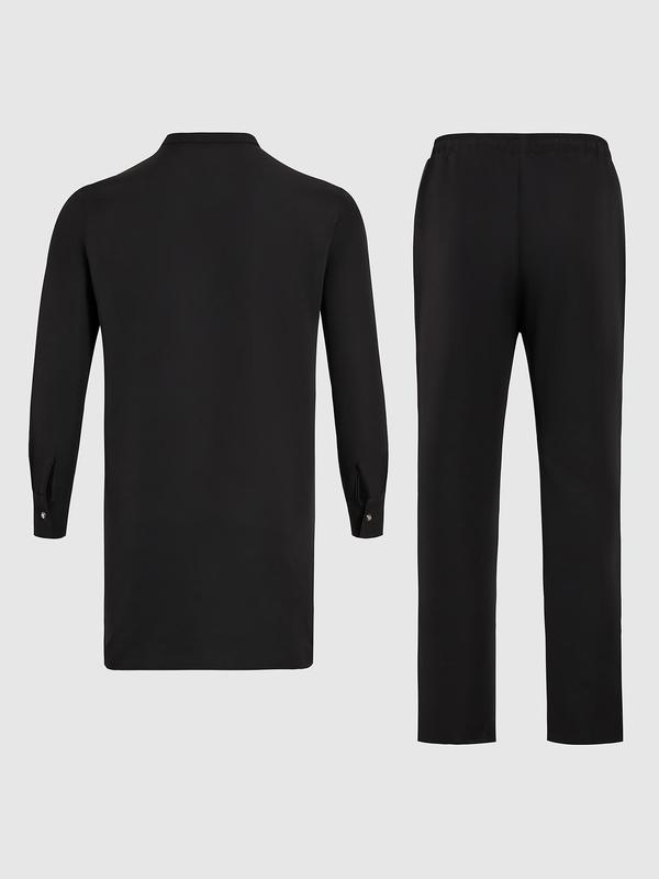 Two-Piece Set Men's Plain Half Button Blouse & Drawstring Waist Pants, Regular Fit Long Sleeve Longline Top & Elastic Waist Trousers, Casual Fashion Cozy Breathable Men Outfits for All Seasons