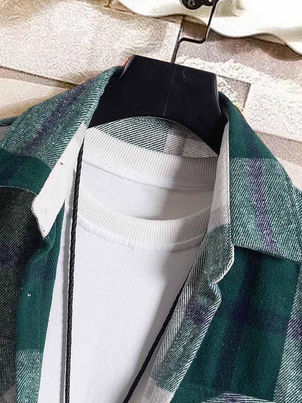 Men's Plaid Print Button Front Shirt Jacket, Regular Fit Casual Long Sleeve Collared Outerwear for Winter, Men's Clothes for Daily Wear