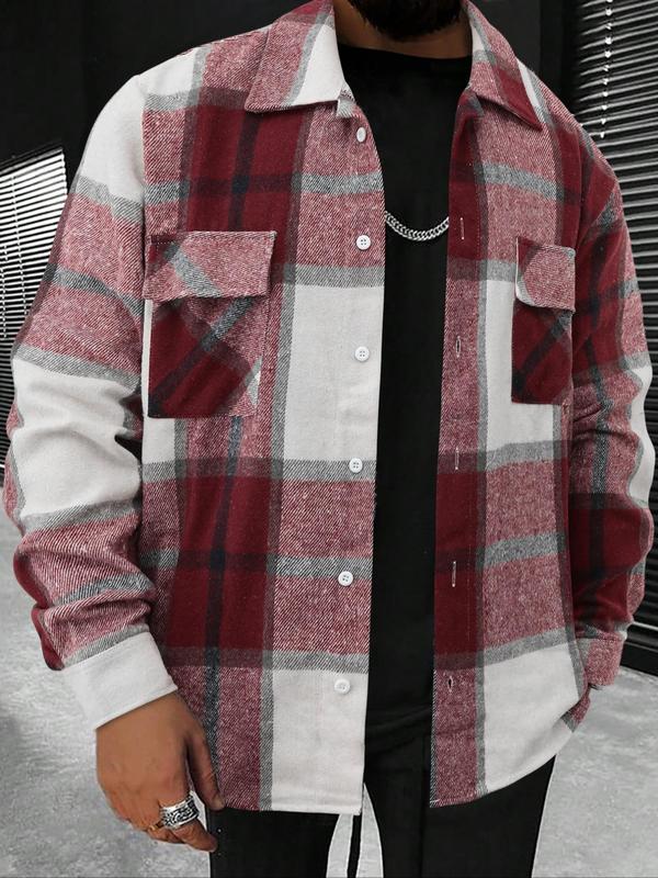 Men's Plaid Print Button Front Shirt Jacket, Regular Fit Casual Long Sleeve Collared Outerwear for Winter, Men's Clothes for Daily Wear