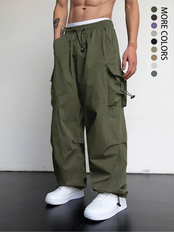 Men's Loose Plain Pocket Drawstring Waist Cargo Pants for Fall, Pants for Men, Mens Stylish Clothing, Street Trendy Baggy Wide Leg Trousers for Men, Streetwear, Men's Back to School Bottoms, Casual Menswear, Men's Drippy Outfits, Going Out Outfits