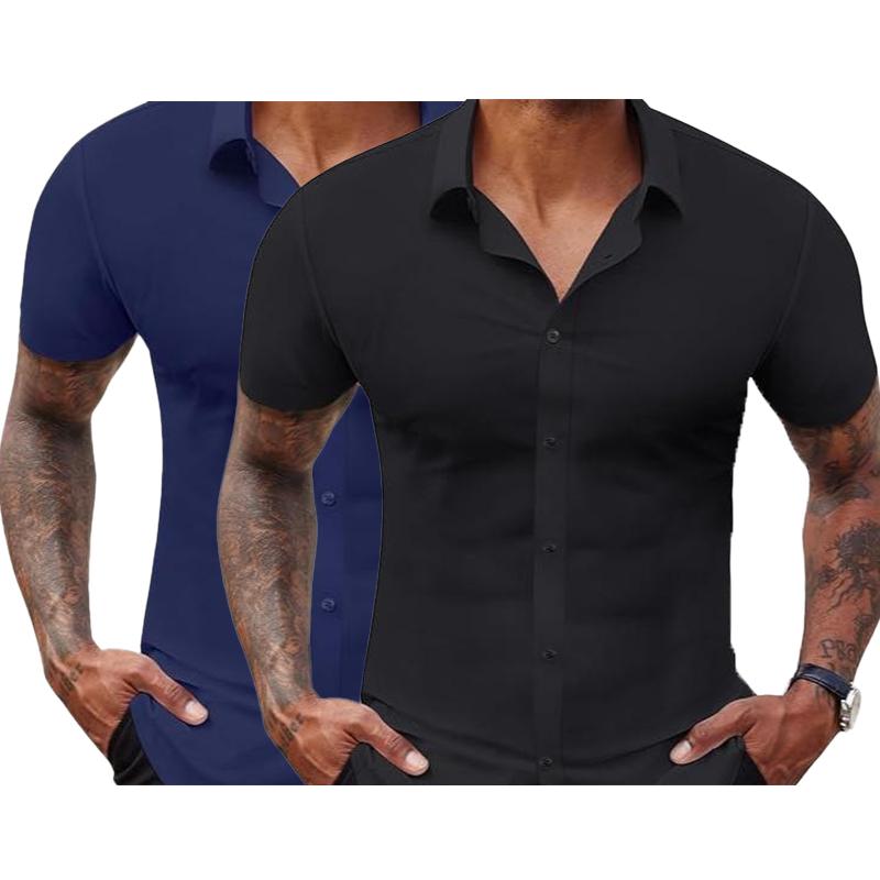 2-Pack Alimens&Gentle Stretch Dress Shirts for Men Short Sleeve Slim Fit Casual Button Down Shirts Muscle Fit Men's Dress Shirts formal shirt plain shirt