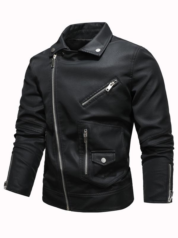 Men's Pocket Long Sleeve Zip Front PU Leather Jacket, Regular Fit Vintage Solid Zip Up Motorcycle Jacket For Spring & Fall, Casual Fashion Men's Outerwear