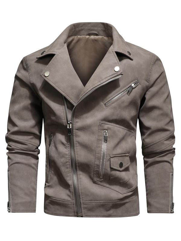 Men's Pocket Long Sleeve Zip Front PU Leather Jacket, Regular Fit Vintage Solid Zip Up Motorcycle Jacket For Spring & Fall, Casual Fashion Men's Outerwear