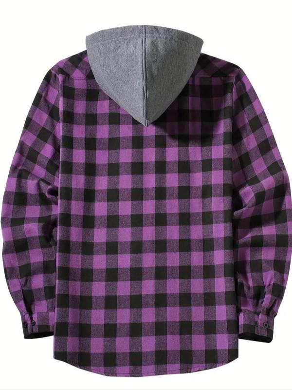 Men's Plaid Print Button Front Drawstring Hooded Shirt, Regular Fit  Hoodie Sweater, Casual Long Sleeve Pocket Top for Daily Wear, Men's Clothes for All Seasons