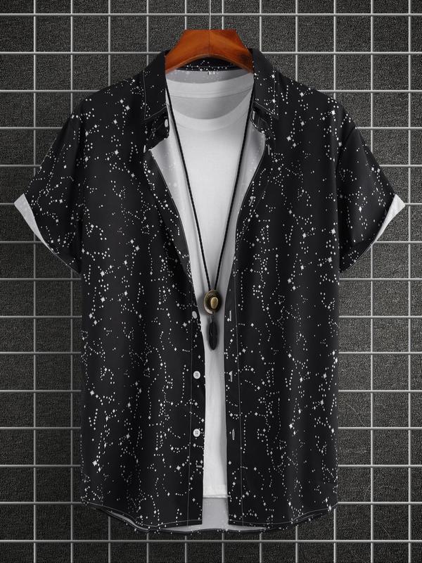 Men's All Over Star Print Button Front Shirt, Regular Fit Casual Short Sleeve Collar Shirt for Summer, Fashion Men's Top for Beach Vacation
