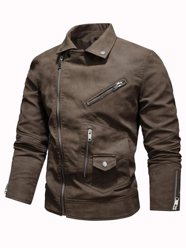 Men's Pocket Long Sleeve Zip Front PU Leather Jacket, Regular Fit Vintage Solid Zip Up Motorcycle Jacket For Spring & Fall, Casual Fashion Men's Outerwear