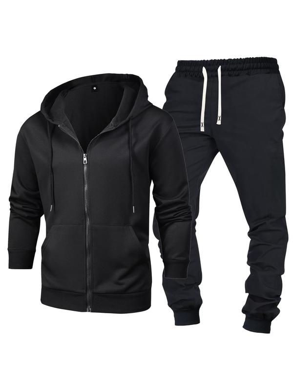 Men's Solid Zip Up Hoodie Top & Drawstring Waist Sweatpants Two-piece Set, Regular Fit Casual Long Sleeve Hooded Top & Pocket Jogger Pants for Spring & Fall, Men's Two-piece Outfits for Daily Wear