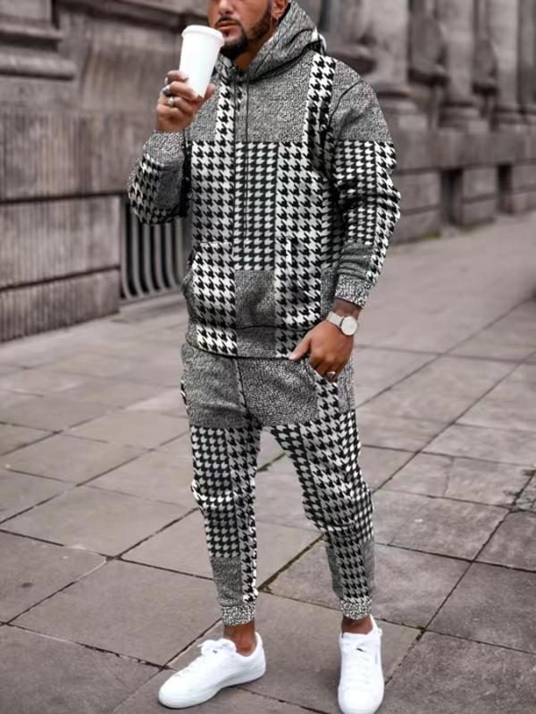  Two-Piece Set Men's Houndstooth Print Hoodie & Drawstring Waist Pants Set, Casual Long Sleeve Hooded Sweatshirt & Pocket Trousers, Men's Two-piece Outfits for Spring & Fall