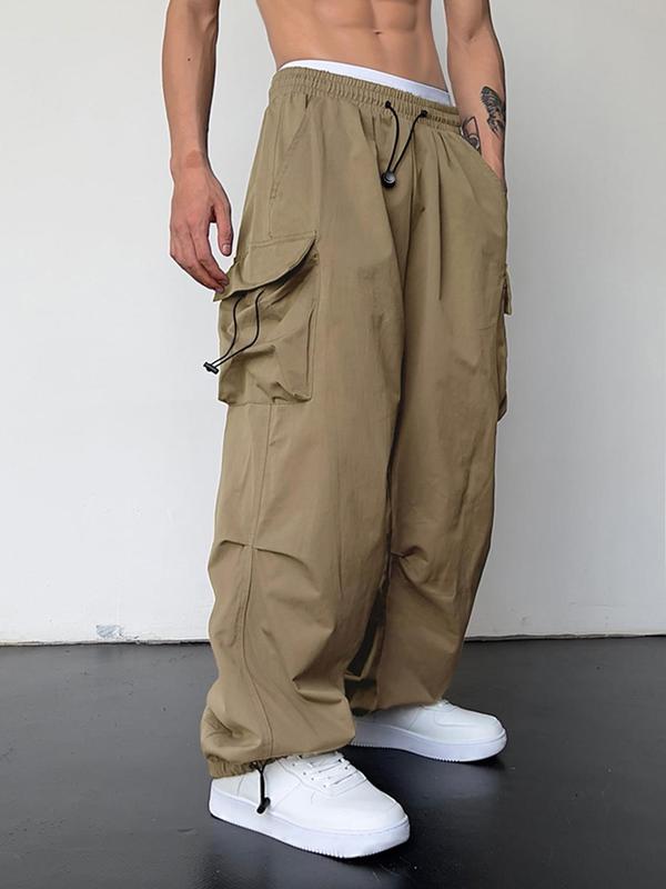 Men's Loose Plain Pocket Drawstring Waist Cargo Pants for Fall, Pants for Men, Mens Stylish Clothing, Street Trendy Baggy Wide Leg Trousers for Men, Streetwear, Men's Back to School Bottoms, Casual Menswear, Men's Drippy Outfits, Going Out Outfits