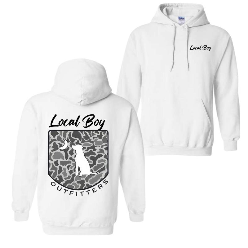 Local Boy Outfitters Hoodie Classic Camouflage Design Featuring a Dog and Moon Graphic, Ideal for Nature Lovers and Outdoor Style Fabric Menswear