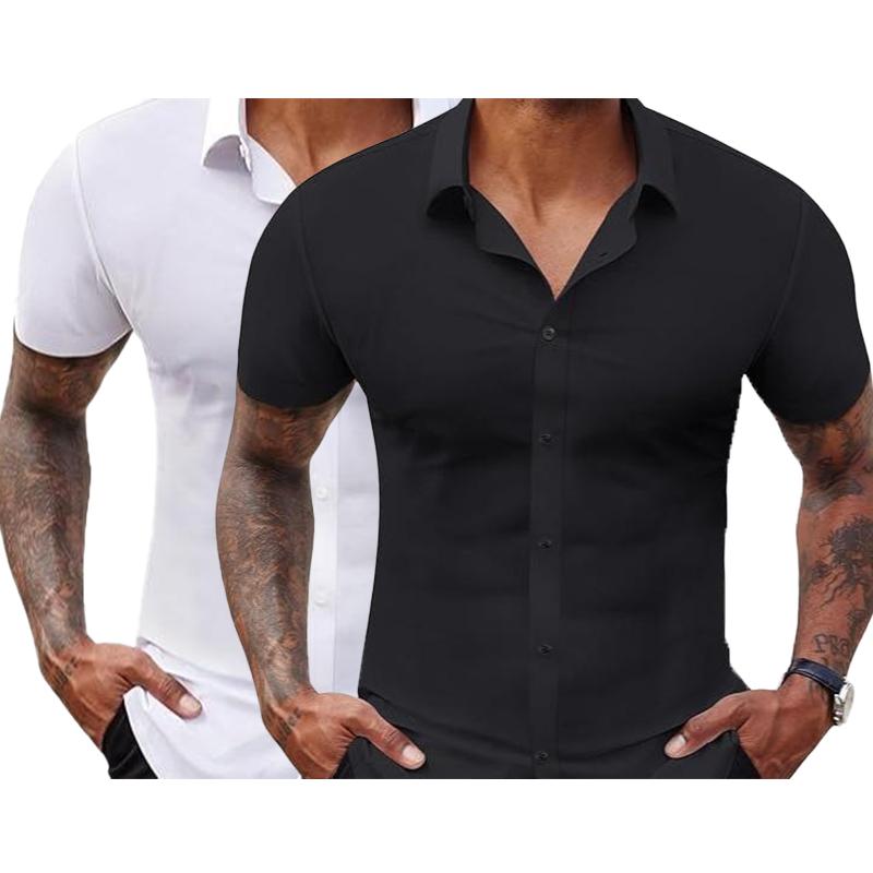2-Pack Alimens&Gentle Stretch Dress Shirts for Men Short Sleeve Slim Fit Casual Button Down Shirts Muscle Fit Men's Dress Shirts formal shirt plain shirt
