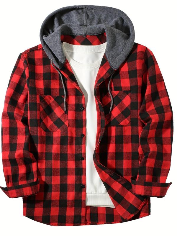 Men's Plaid Print Button Front Drawstring Hooded Shirt, Regular Fit  Hoodie Sweater, Casual Long Sleeve Pocket Top for Daily Wear, Men's Clothes for All Seasons