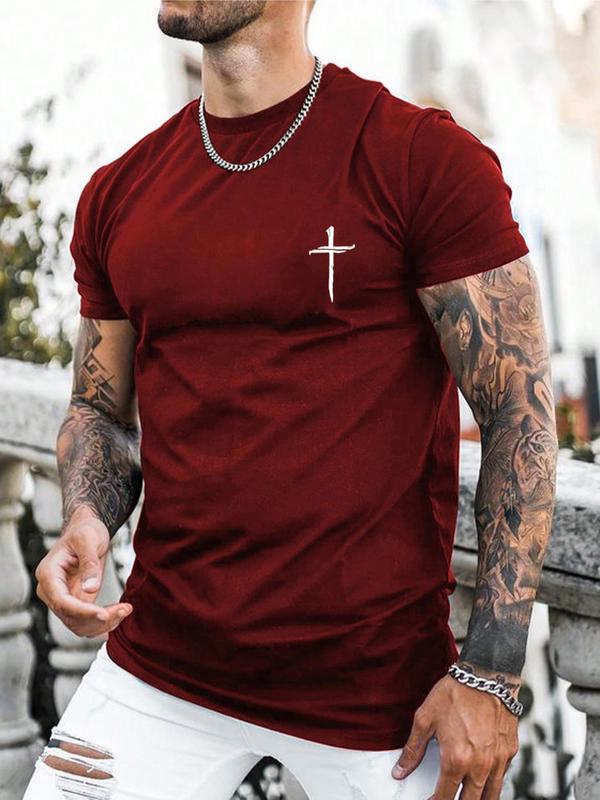 Men's Regular Fit Cross Print Short Sleeve Tee, Casual Graphic Round Neck T-Shirt for Summer, Fashion Men's Streetwear Top for Daily Wear, 90s Clothes