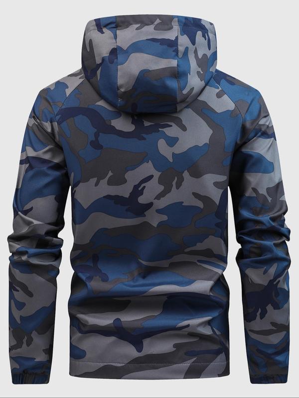 Men's Camo Print Drawstring Zip Up Hooded Jacket, Long Sleeve Waterproof Windproof Outerwear for Outdoor Daily Wear, Men's Clothing, Fall Clothes, Fashion Windbreaker, Jackets for Men, Men's Clothing for Fall, Winter Outfits 2024