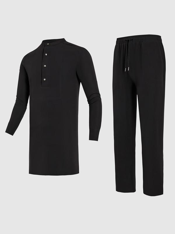 Two-Piece Set Men's Plain Half Button Blouse & Drawstring Waist Pants, Regular Fit Long Sleeve Longline Top & Elastic Waist Trousers, Casual Fashion Cozy Breathable Men Outfits for All Seasons