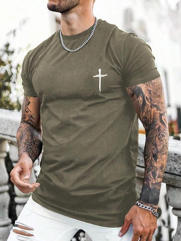 Men's Regular Fit Cross Print Short Sleeve Tee, Casual Graphic Round Neck T-Shirt for Summer, Fashion Men's Streetwear Top for Daily Wear, 90s Clothes