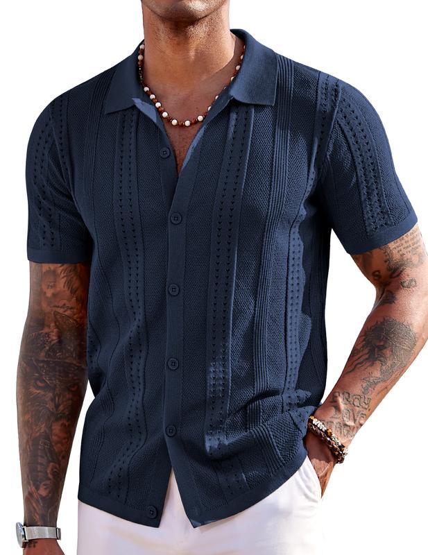 COOFANDY Men's Knit Shirts Short Sleeve Button Down Polo Shirt Fashion Casual Summer Beach Shirts