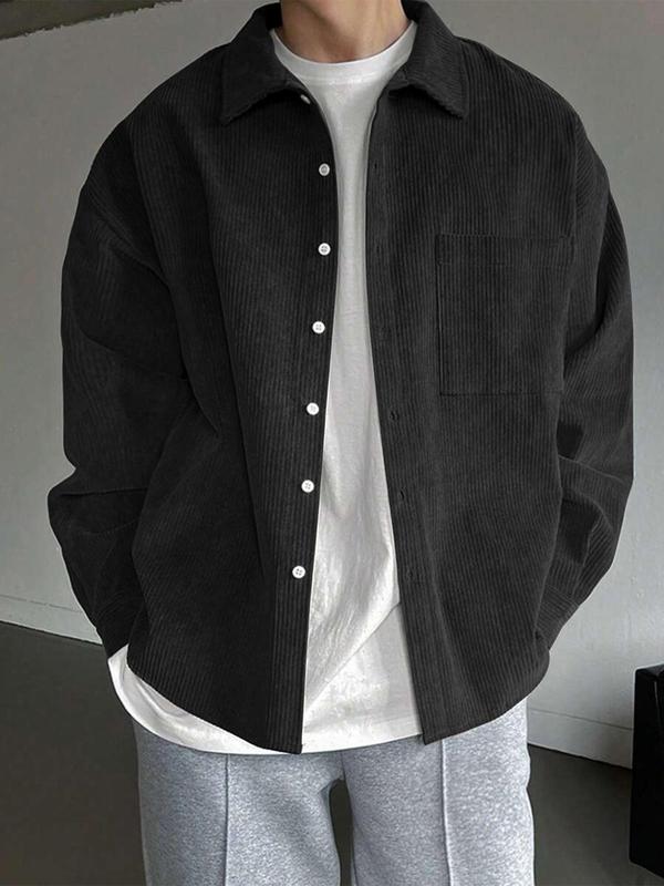 Men's Solid Button Front Pocket Shirt, Loose Casual Drop Shoulder Long Sleeve Collared Shirt for Fall & Winter, Men's Clothes for Daily Wear, Going Out Tops 2000s