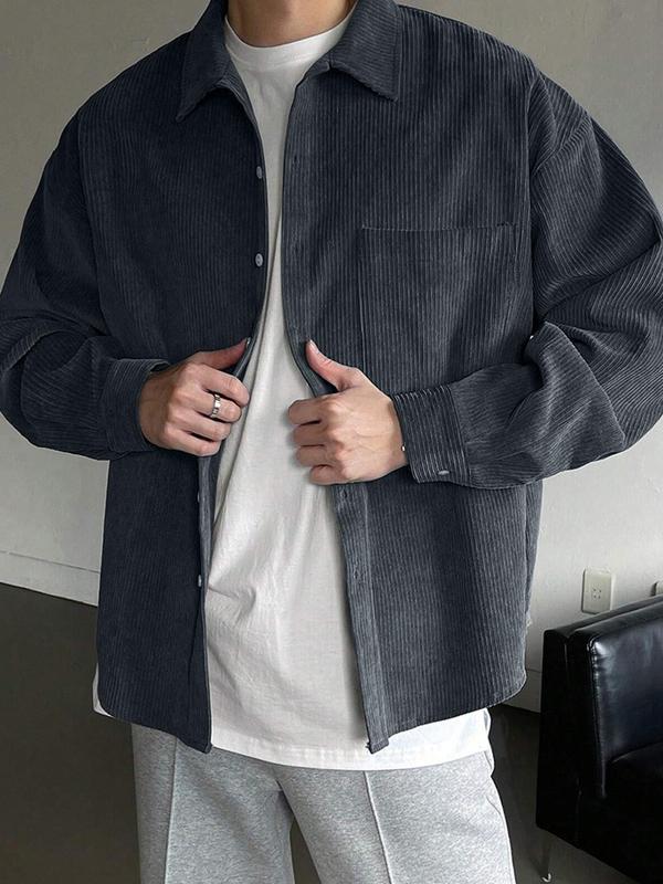 Men's Solid Button Front Pocket Shirt, Loose Casual Drop Shoulder Long Sleeve Collared Shirt for Fall & Winter, Men's Clothes for Daily Wear, Going Out Tops 2000s