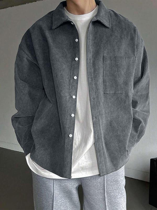 Men's Solid Button Front Pocket Shirt, Loose Casual Drop Shoulder Long Sleeve Collared Shirt for Fall & Winter, Men's Clothes for Daily Wear, Going Out Tops 2000s
