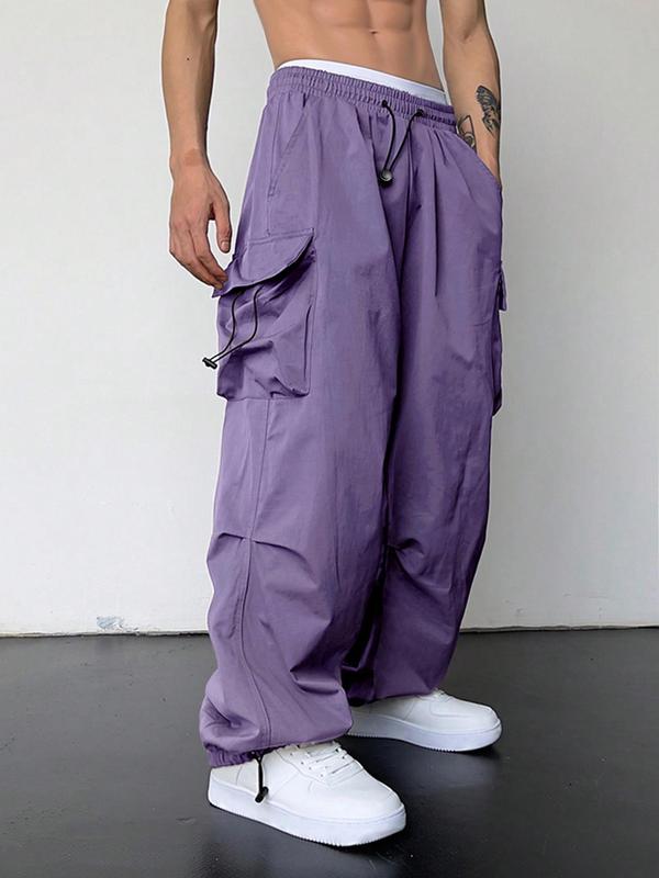 Men's Loose Plain Pocket Drawstring Waist Cargo Pants for Fall, Pants for Men, Mens Stylish Clothing, Street Trendy Baggy Wide Leg Trousers for Men, Streetwear, Men's Back to School Bottoms, Casual Menswear, Men's Drippy Outfits, Going Out Outfits