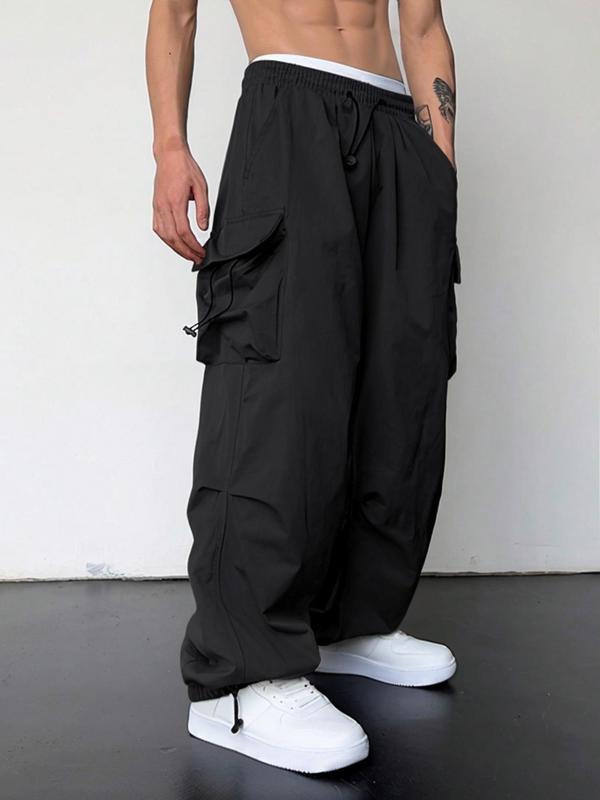 Men's Loose Plain Pocket Drawstring Waist Cargo Pants for Fall, Pants for Men, Mens Stylish Clothing, Street Trendy Baggy Wide Leg Trousers for Men, Streetwear, Men's Back to School Bottoms, Casual Menswear, Men's Drippy Outfits, Going Out Outfits