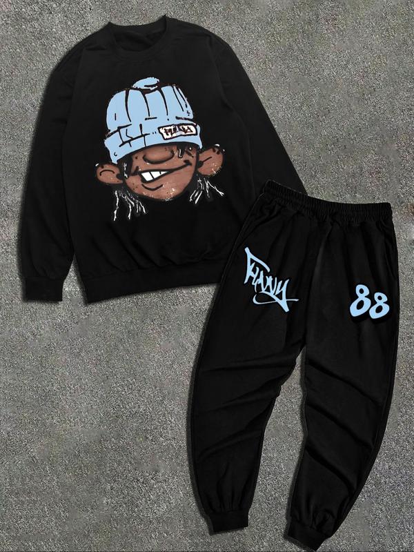 Two-Piece Set Men's Cartoon Print Sweatshirt & Elastic Waist Sweatpants, Regular Fit Casual Fashion Cozy Round Neck Long Sleeve Pullover & Jogger Pants for Daily Wear, Men Two-piece Outfits for Fall & Winter