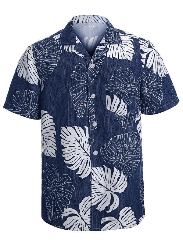 Men's Regular Fit Leaf Print Button Front Shirt, Casual Short Sleeve Collar Shirt for All Seasons, Men's Top for Beach Vacation