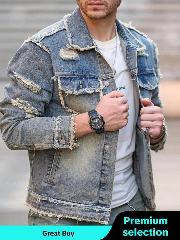 Men's Raw Wash Ripped Denim Jacket, Casual Button Front Pocket Design Raw Hem Jean Coat for Daily Wear,  Winter Coats, Fashion Men's Clothes for All Seasons