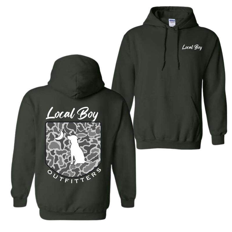 Local Boy Outfitters Hoodie Classic Camouflage Design Featuring a Dog and Moon Graphic, Ideal for Nature Lovers and Outdoor Style Fabric Menswear