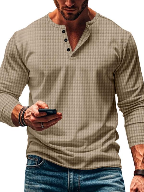 Men's Plaid Jacquard Henley Shirt, Regular Fit Casual Long Sleeve Half Button T-shirt for Fall & Winter, Men's Clothes for Daily Wear