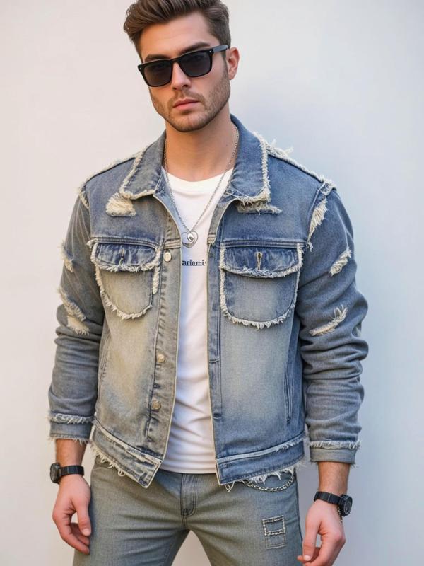 Men's Raw Wash Ripped Denim Jacket, Casual Button Front Pocket Design Raw Hem Jean Coat for Daily Wear,  Winter Coats, Fashion Men's Clothes for All Seasons