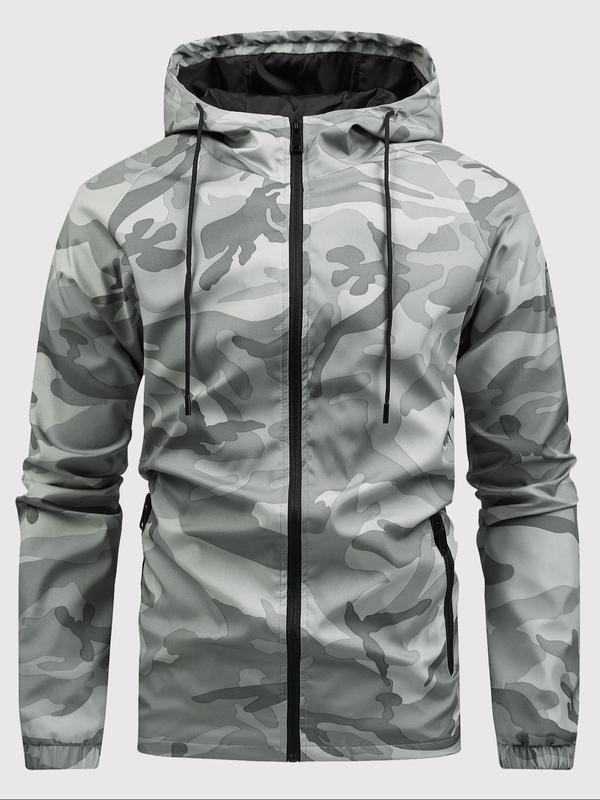 Men's Camo Print Drawstring Zip Up Hooded Jacket, Long Sleeve Waterproof Windproof Outerwear for Outdoor Daily Wear, Men's Clothing, Fall Clothes, Fashion Windbreaker, Jackets for Men, Men's Clothing for Fall, Winter Outfits 2024