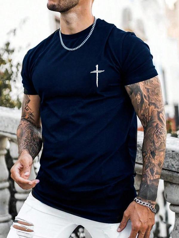 Men's Regular Fit Cross Print Short Sleeve Tee, Casual Graphic Round Neck T-Shirt for Summer, Fashion Men's Streetwear Top for Daily Wear, 90s Clothes