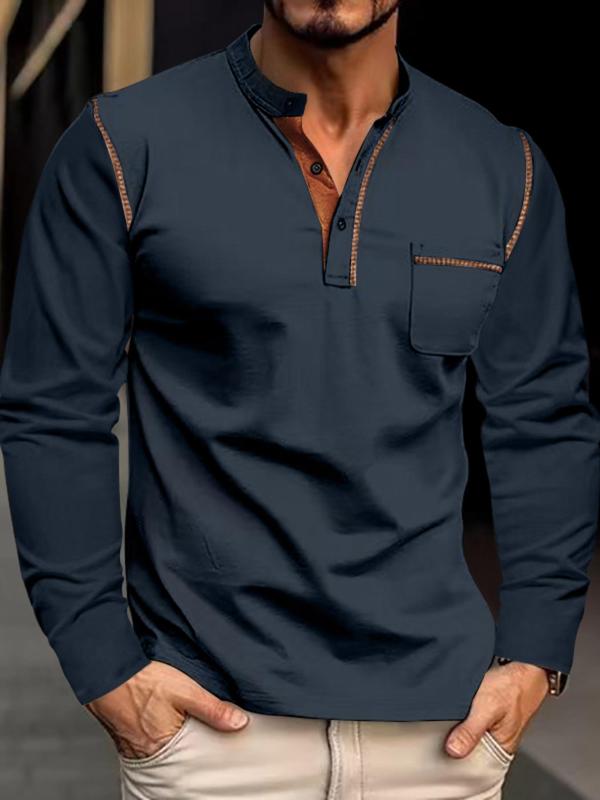 Men's Colorblock Contrast Binding Pocket Button Front Henley Shirt, Regular Fit Casual Long Sleeve Stand Collar Top for Spring & Fall, Fashion Men's Clothes for Daily Wear