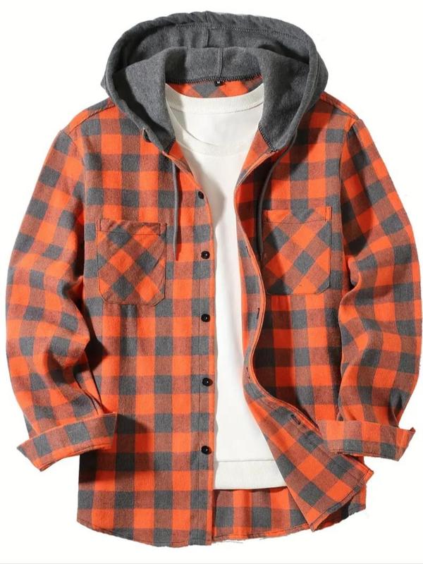 Men's Plaid Print Button Front Drawstring Hooded Shirt, Regular Fit  Hoodie Sweater, Casual Long Sleeve Pocket Top for Daily Wear, Men's Clothes for All Seasons