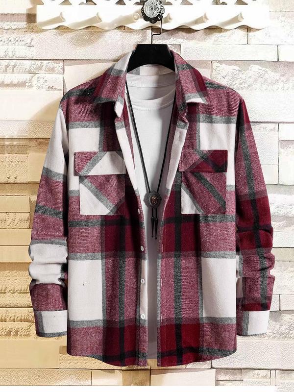 Men's Plaid Print Button Front Shirt Jacket, Regular Fit Casual Long Sleeve Collared Outerwear for Winter, Men's Clothes for Daily Wear