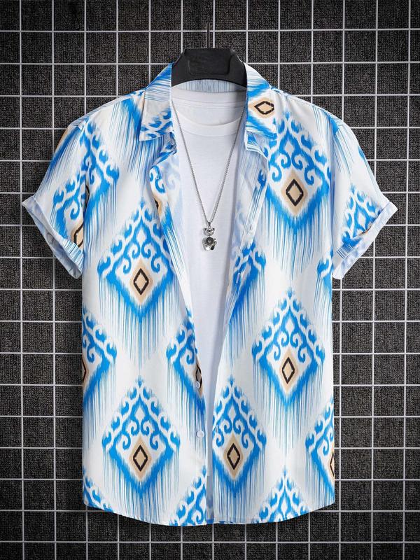 Men's Ethnic Pattern Button Front Shirt, Summer Clothes, Regular Fit Casual Short Sleeve Collar Top for Summer, Men's Top for Beach Vacation