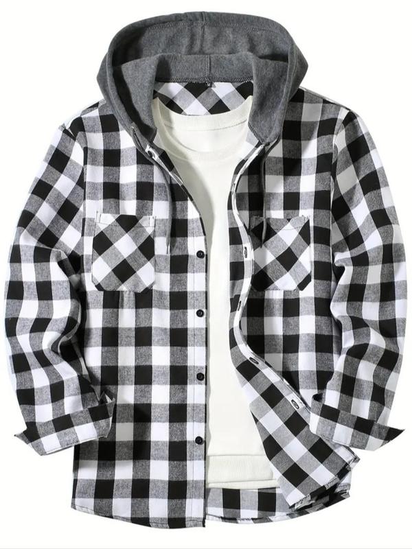 Men's Plaid Print Button Front Drawstring Hooded Shirt, Regular Fit  Hoodie Sweater, Casual Long Sleeve Pocket Top for Daily Wear, Men's Clothes for All Seasons